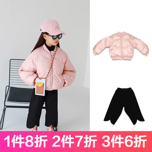 特价女童秋冬加厚亮面闪闪橘粉印花棉服棉袄外套花瓣裤子