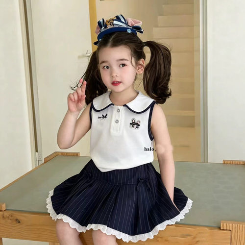 韩系童装女童学院风套装夏季2026新款卡通无袖背心百褶裙两件套潮