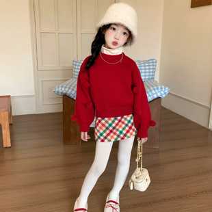 2026女童新年毛衣洋气红色球球针织衫儿童泡泡袖套头上衣半身裙潮