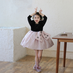 女童粉色法式甜美蓬蓬公主裙2025冬季女孩加绒连衣裙大摆裙演出服