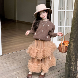 女童秋冬新款 针织圆领花边毛衣咖色气质双层蛋糕网纱半身裙潮 套装