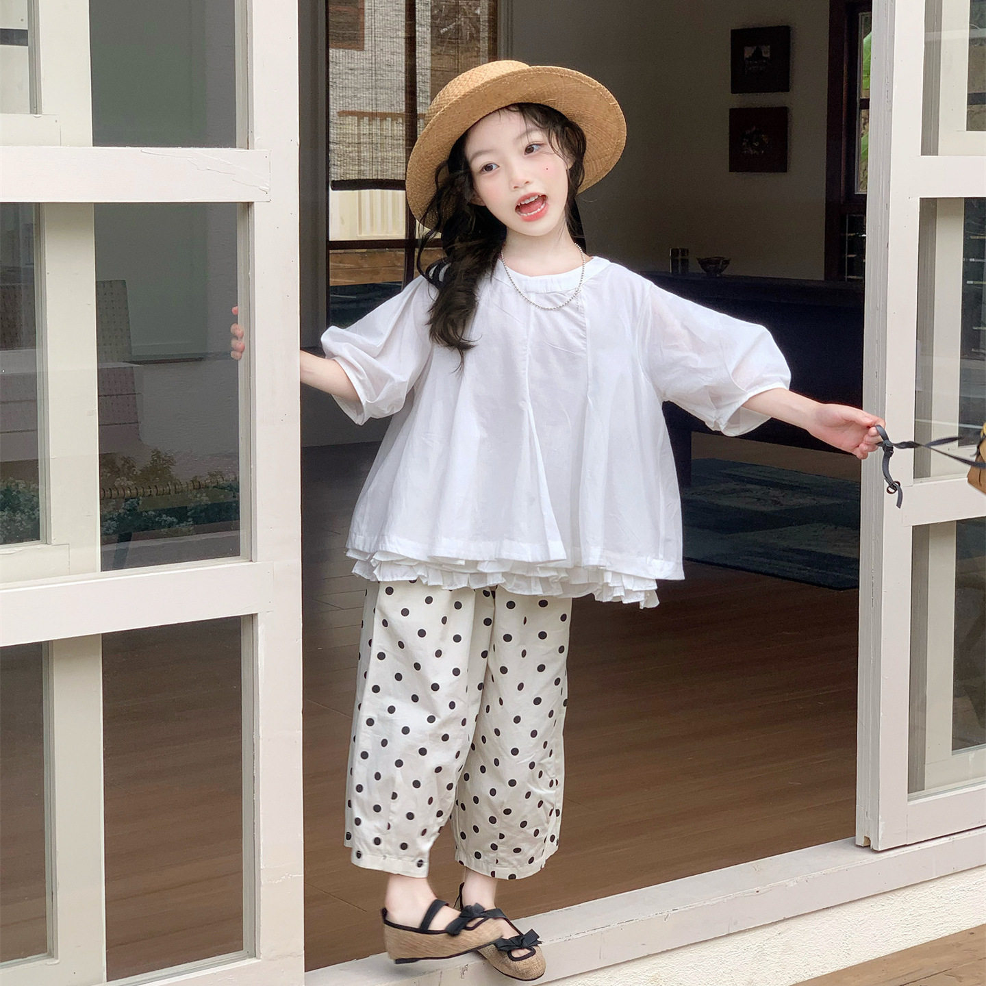 女童套装春秋装2026女宝宝七分袖衬衫波点裤两件套儿童洋气休闲装