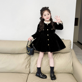 女童赫本风加绒丝绒连衣裙2025冬季新款女孩高级感小黑裙公主裙子