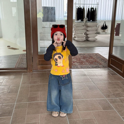 女童轻奢小众高端套装秋季儿童卡通假两件长袖上衣宝宝屁帘牛仔裤