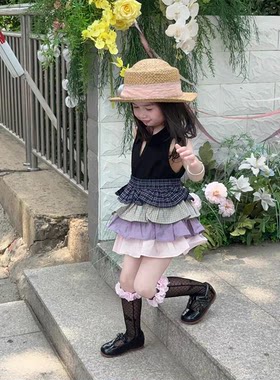 女童夏季洋气背心格子蛋糕裙套装