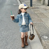 女童重工砂洗复古牛仔外套 秋冬新款 高定牛仔系列 分割线半裙潮