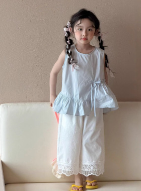 好看女童夏装2026新款儿童不规则蓝色抽绳上衣宝宝背心无袖娃娃衫