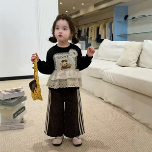 秋款童装2026秋季新款女童儿童韩版豹纹休闲长裤KT猫蕾丝花边卫衣