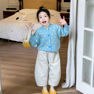 韩国童装儿童套装秋冬2025女童毛衣拼色波点针织开衫宝宝加绒裤子