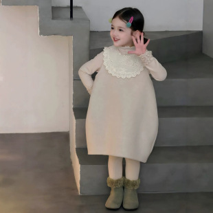 韩系女童毛呢背心裙秋冬儿童甜美精致蕾丝花边拼接可爱花苞连衣裙