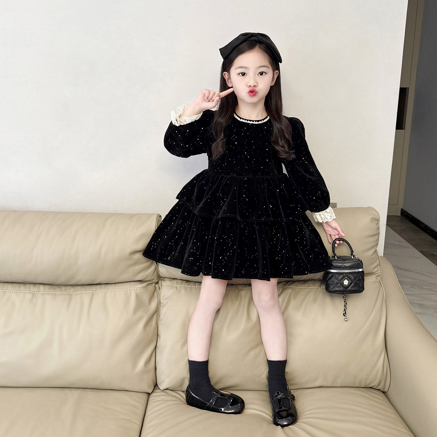 女童千金风闪闪丝绒加绒连衣裙潮