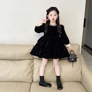 女童千金风闪闪丝绒加绒连衣裙2025冬季新款女孩高级感小黑裙子潮