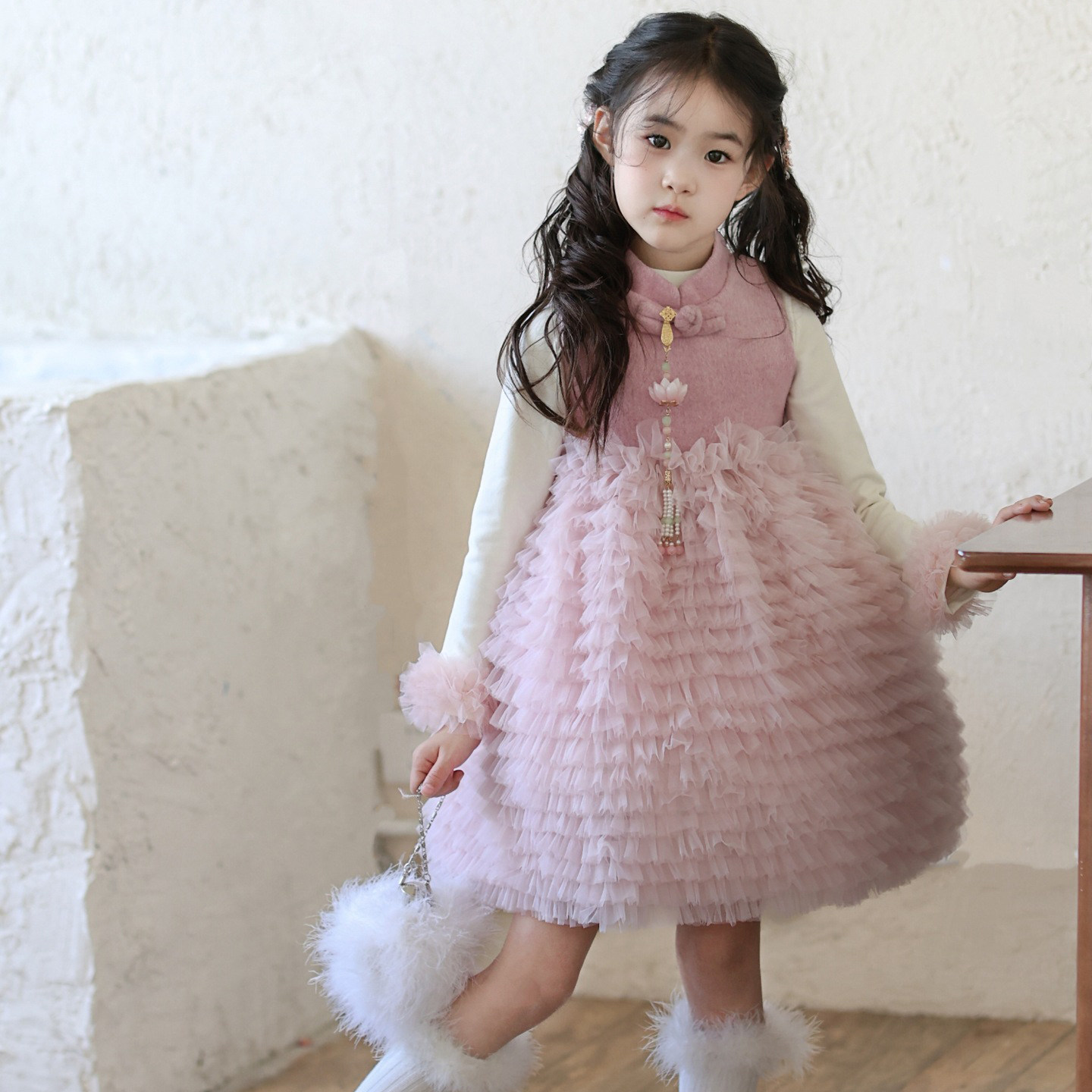 女童新中式樱花粉网纱蛋糕裙公主