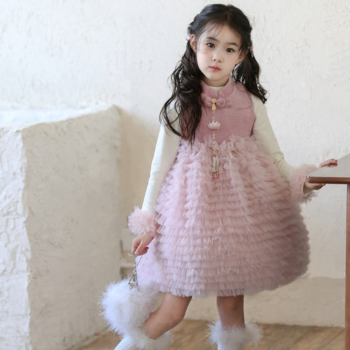 女童新中式樱花粉网纱蛋糕裙公主