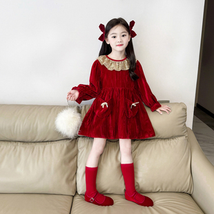 女童压褶红色加绒丝绒连衣裙2025冬季新款女孩圣诞公主裙礼服裙子
