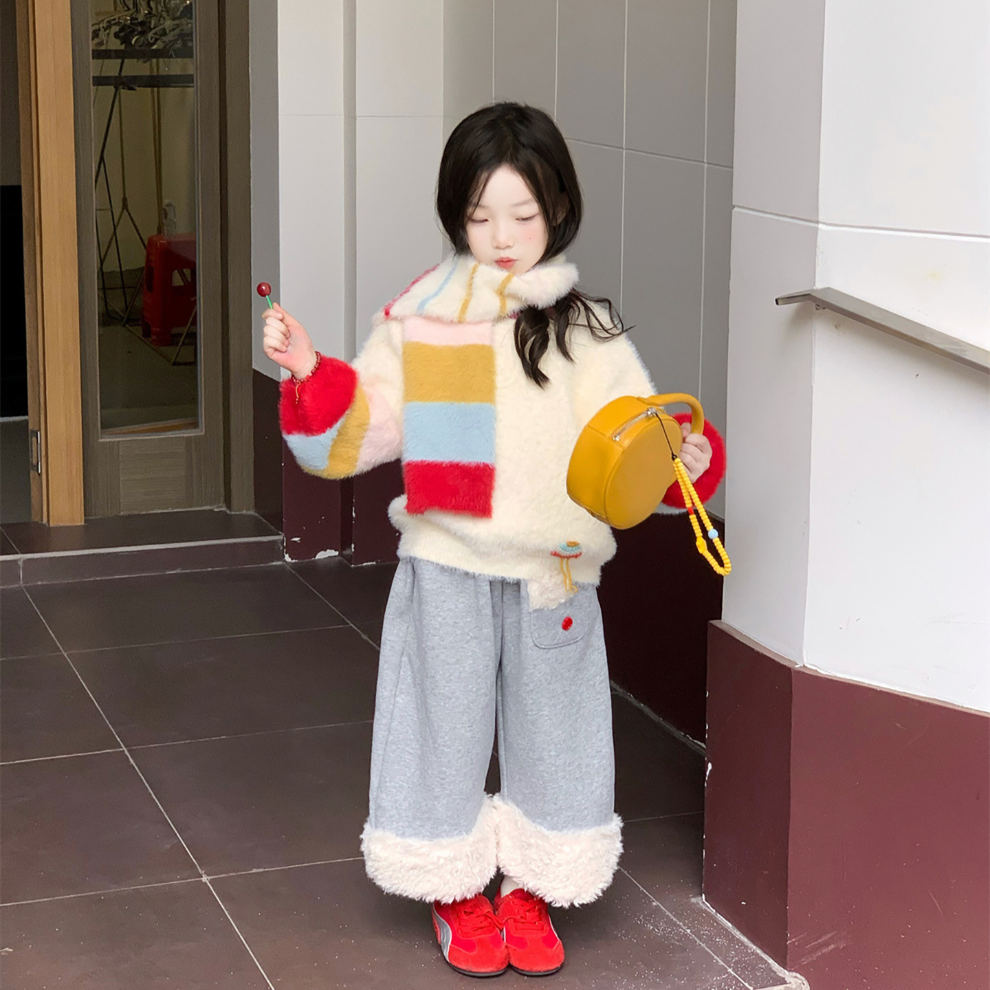 中大童撞色彩条毛衣针织衫加绒裤