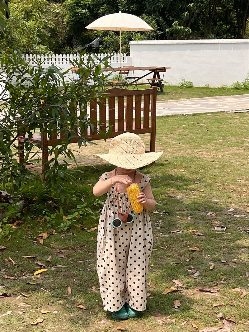 夏季韩版儿童棉麻背带裤 男女童百搭波点背带裤子