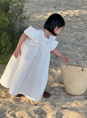 夏季韩国女童设计感立体肩 连衣裙 棉麻女童短袖长裙
