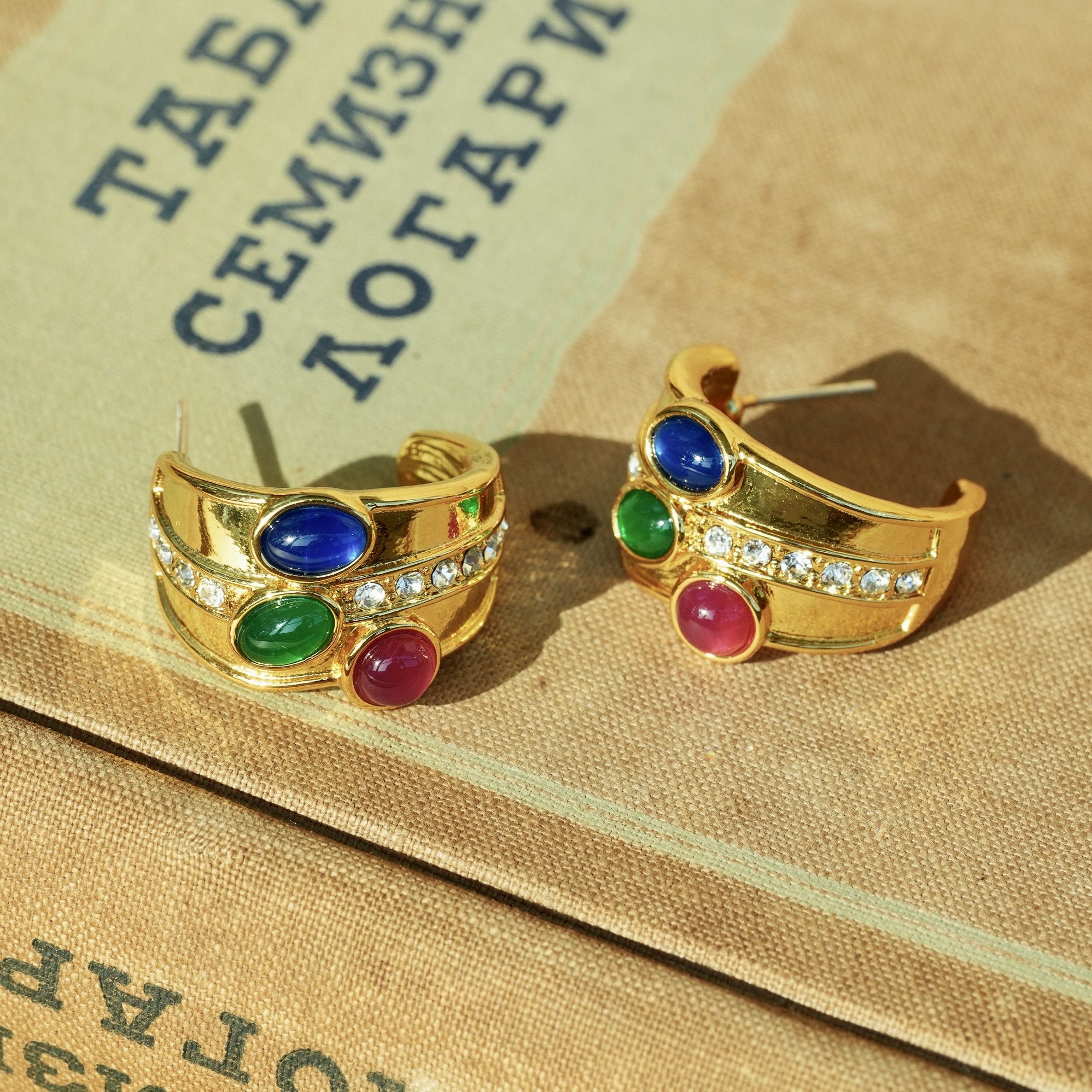 《虹廊》vintage中古风C圈金色耳饰 彩色镶钻港风无耳洞耳夹套装