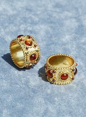 《阿布扎比》vintage手作异域风情复古戒指 橙色琉璃宽戒尺寸可选