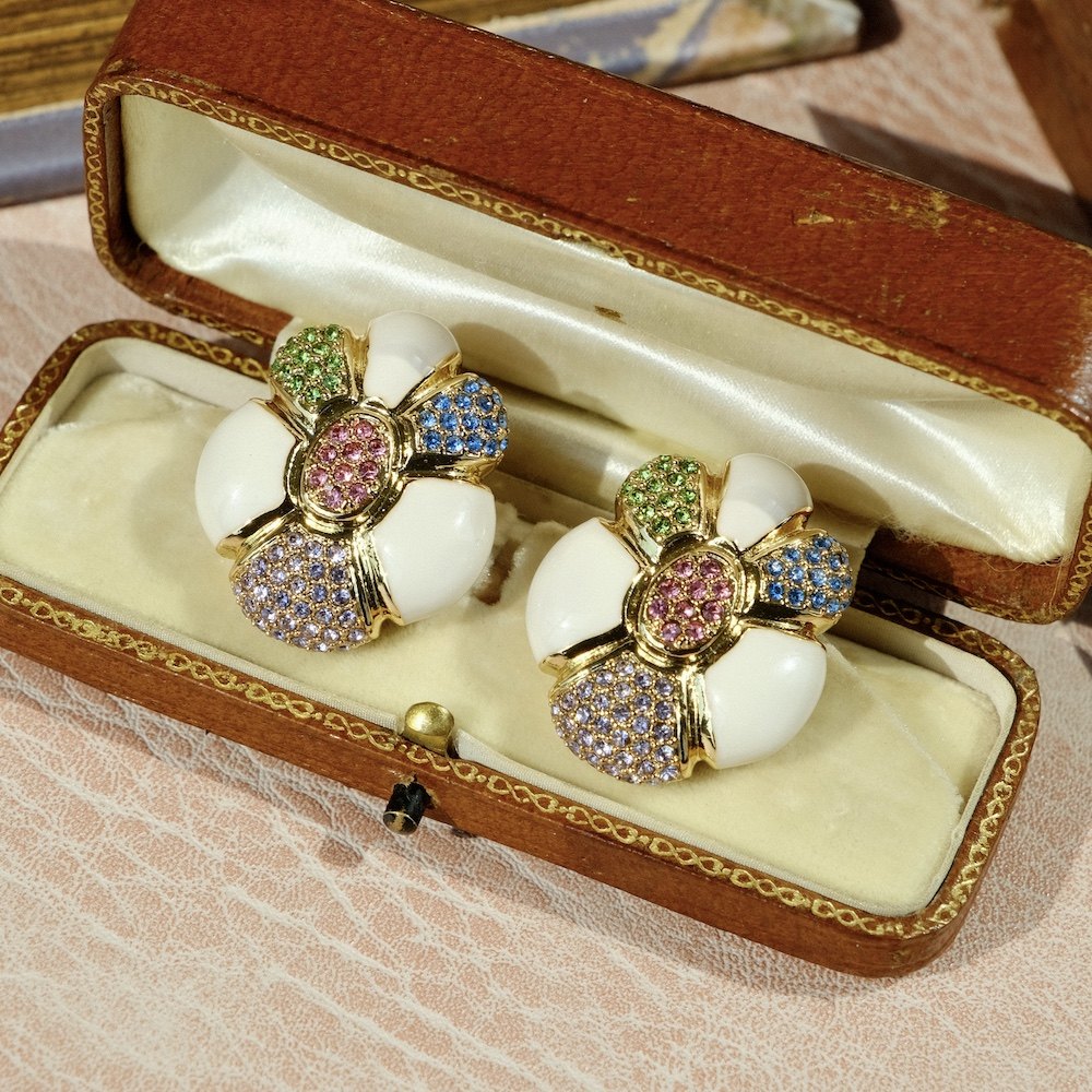 《仲夏花圃》vintage复古手绘珐琅釉耳饰 彩色镶钻夏日宫廷风耳夹