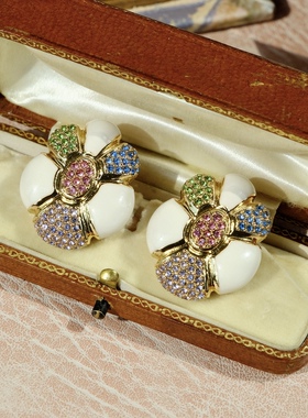 《仲夏花圃》vintage复古手绘珐琅釉耳饰 彩色镶钻夏日宫廷风耳夹