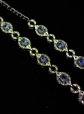 天然坦桑石翡翠手链复古气质款镶嵌天然石铜镀银可调节半银手链