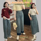 女士裤 直筒牛仔裙高腰百搭长裤 复古做旧猫须牛仔裤 子 土星传说