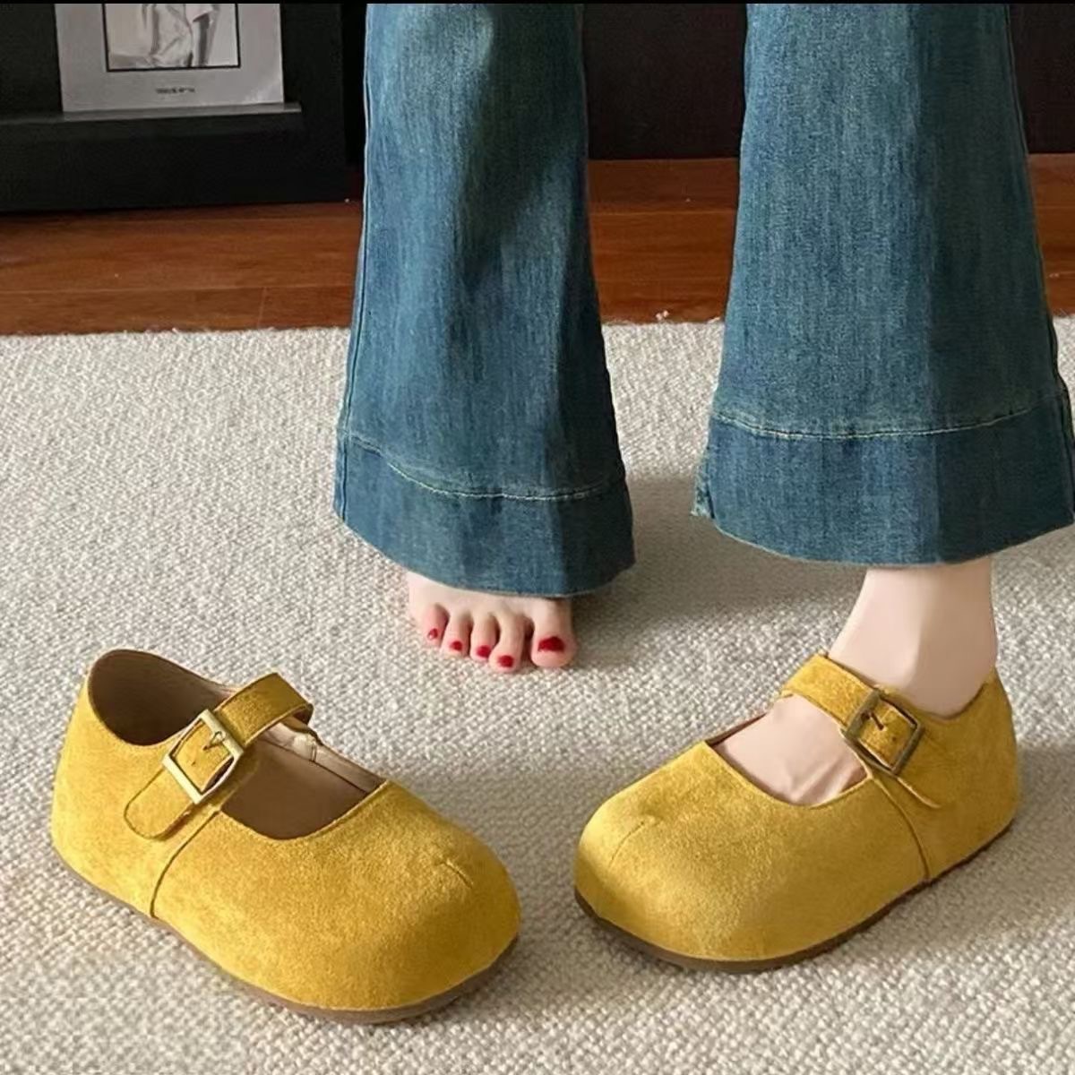 2025年春季厚底休闲魔术贴玛丽珍鞋女复古浅口单鞋外穿软底勃肯鞋