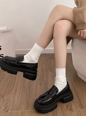 厚底黑色中跟乐福鞋英伦风小皮鞋女2026新款春夏季一脚蹬女鞋单鞋