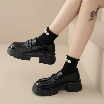 乐福鞋女2025春夏季新款粗跟厚底英伦风防滑保暖一脚蹬黑色小皮鞋