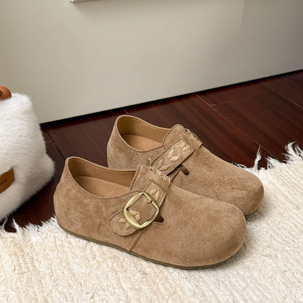 2025年新款春秋一脚蹬复古编织皮带扣土豆勃肯鞋女休闲乐福单鞋子