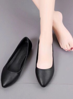 软皮工作鞋单鞋女平软底职业空姐女鞋黑色皮鞋上班工作鞋舒适粗跟