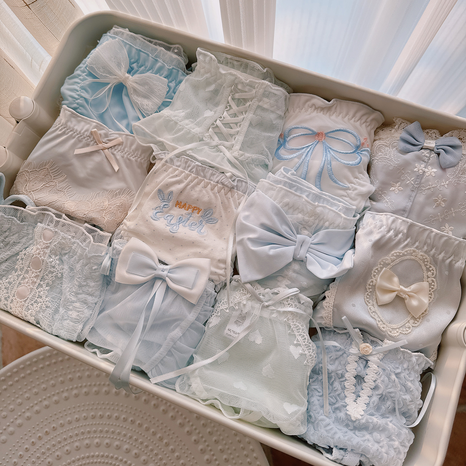 最小的海~纯欲蓝色少女透气短裤纯色夏季薄款蕾丝性感女生内裤