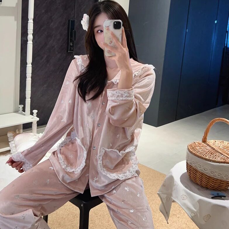 春秋季睡衣女长袖金丝绒甜美可爱烫银蝴蝶结女士家居服可外穿套装