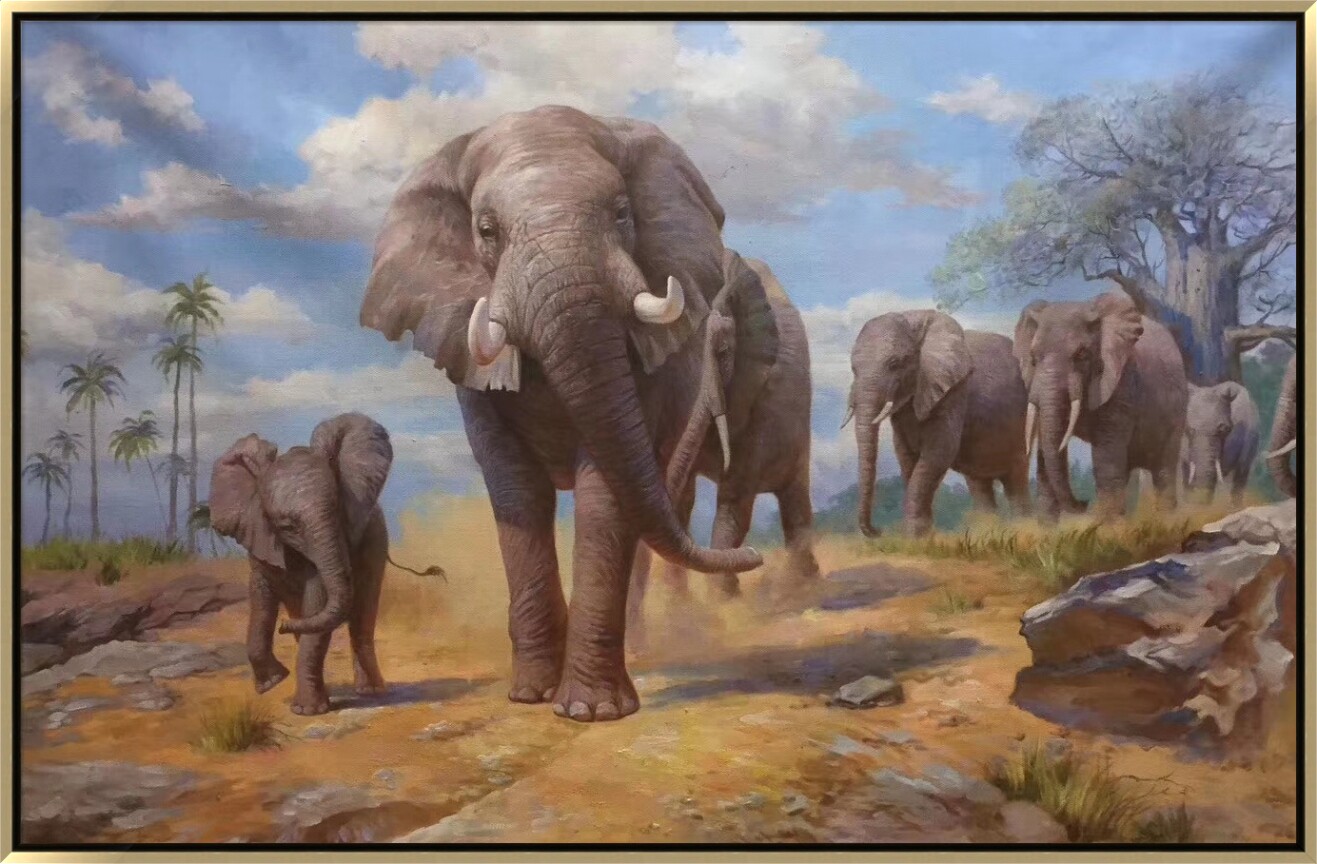 沙发背景墙大象手绘油画动宠物图片定制手工大芬油画村奶油侘寂风
