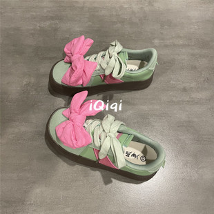 七七主人家 绿色板鞋女2025秋季新款小众鞋子女厚底德训鞋约会穿