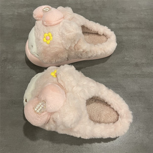 七七主人家 粉色卡通可爱加绒棉拖鞋女2025冬季新款保暖毛毛鞋女