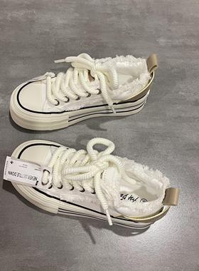 七七主人家 白色增高帆布鞋女2024新款原创流苏ins风百搭女鞋板鞋