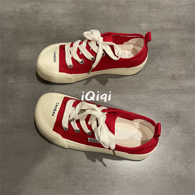 大红色复古方头帆布鞋女