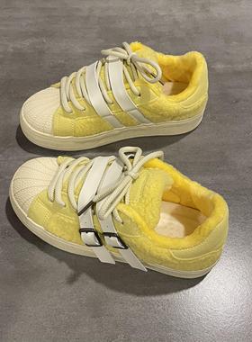 七七主人家 黄色板鞋女加绒冬季鞋子女原创小众学生保暖二棉鞋女