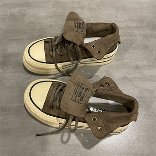 七七主人家 棕色复古帆布鞋女高帮厚底百搭休闲鞋子女秋季板鞋女