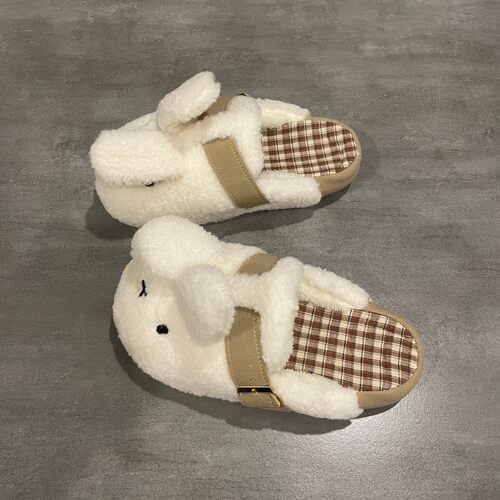 七七主人家 少女风卡通小兔棉拖鞋女金属卡扣设计保暖加绒毛毛鞋