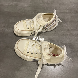 七七主人家 可拆卸两穿米色帆布鞋女高帮春季休闲鞋子女厚底板鞋