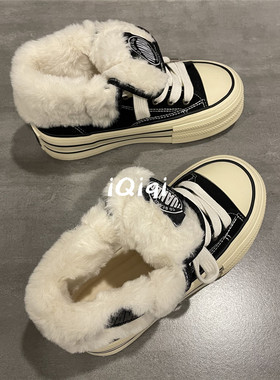 七七主人家加绒棉鞋女厚底黑色百搭高帮加厚防寒保暖帆布鞋女冬季