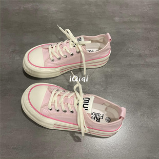 七七主人家 夏季粉色薄款帆布鞋女2024新款厚底休闲学院板鞋女鞋