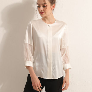 衬衣洋气桑蚕丝上衣黑白 19姆米弹力缎长袖 2021新款 春重磅真丝衬衫