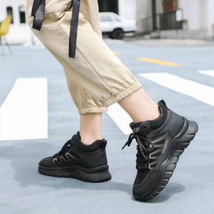 冰洁女鞋2024冬季新款运动鞋真皮平跟加绒系带软底轻便休闲跑步鞋