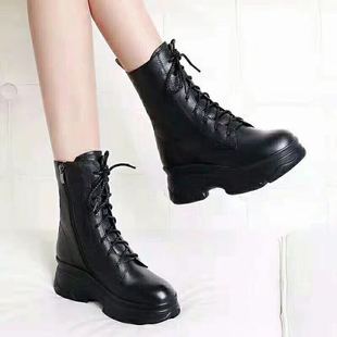 冰洁女鞋2024冬季新款真皮平跟松糕底加绒马丁靴系带侧拉链棉靴子