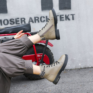 冰洁女鞋2023冬季新款马丁靴真皮平跟圆头短靴侧拉链加绒棉靴特价